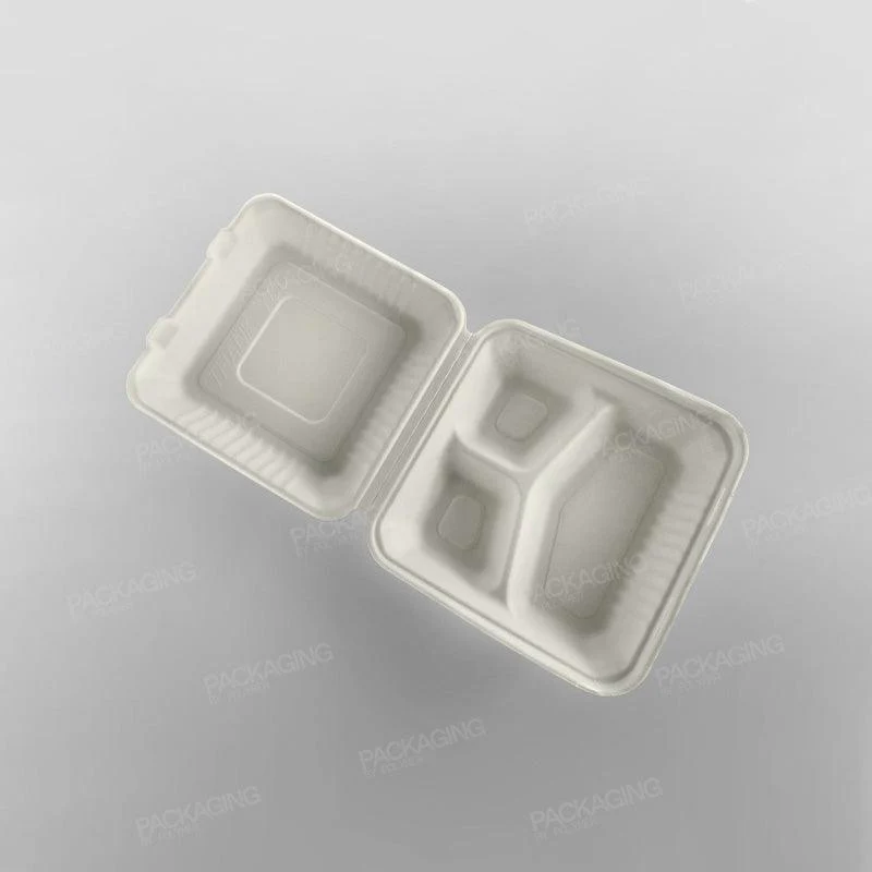 Bagasse Compostable Square 9 inch - 3 Compartment Clamshell Meal Box - Image 3